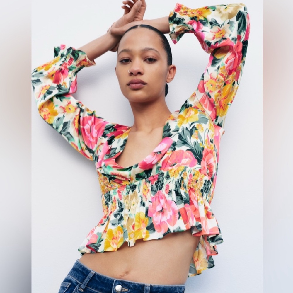 NWT - Zara Smocked Floral Silky Blouse (L)